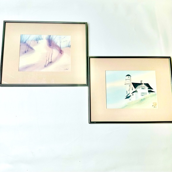 VTG Pair 2 Poon Tai Framed Seascape Art Watercolor Framed 14x11” Stamp Signed